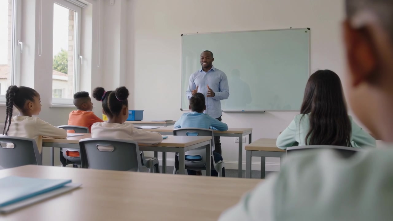Insegnante che inizia la lezione, con una camicia azzurra, che insegna agli studenti e gesticola davanti, con un cestino blu