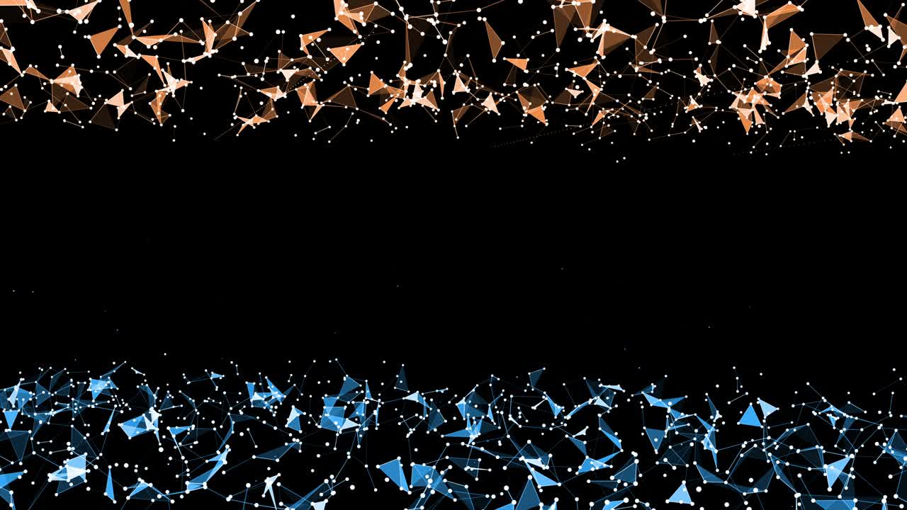 3d 렌더링 된 추상적인 표면, 황금색 위와 파란색 아래로 연결된 삼각형 모양으로 만들어졌으며 검은색으로 회전하는 현장 깊이가 있습니다.