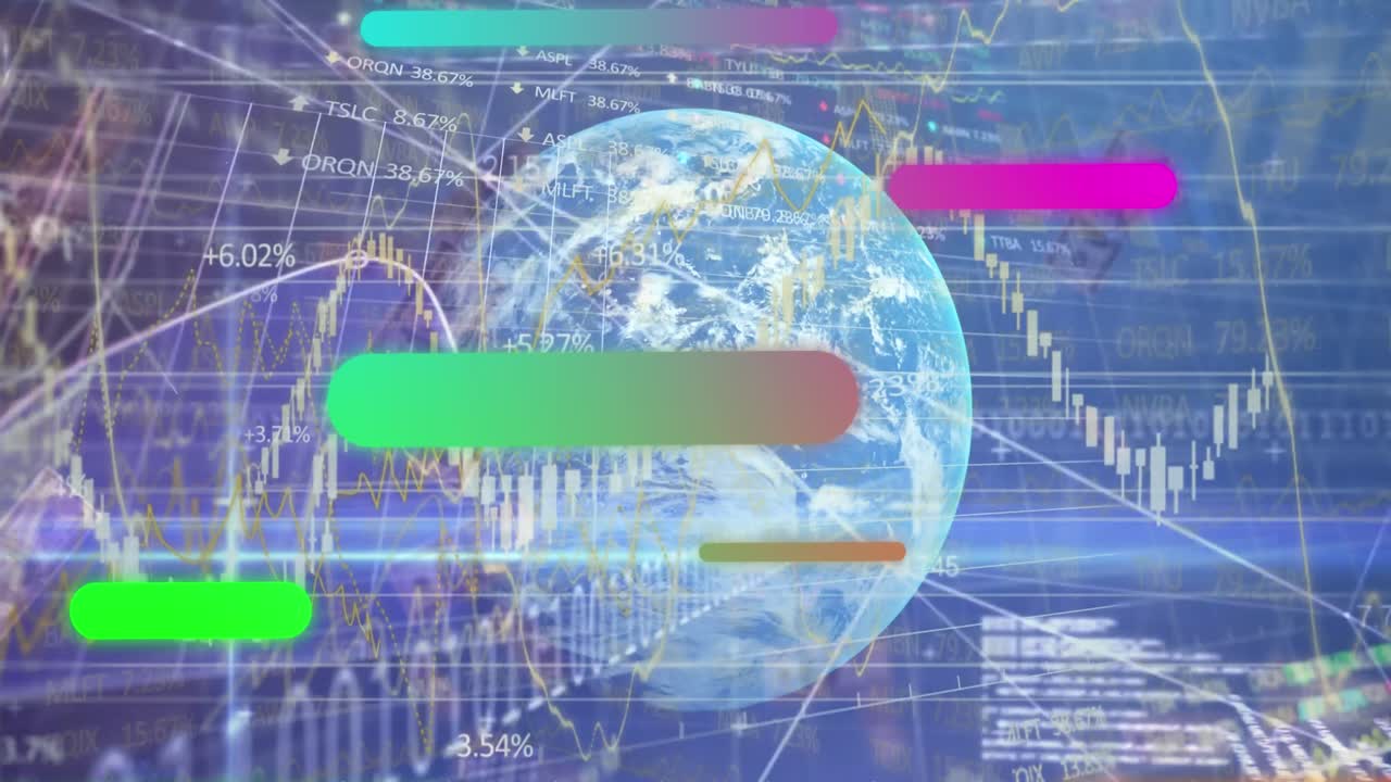 다채로운 튜브와 금융 데이터의 애니메이션이 해군 공간에서 전 세계를 이동합니다.
