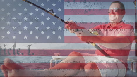 animation of smiling man fishing over american flag and constitution text