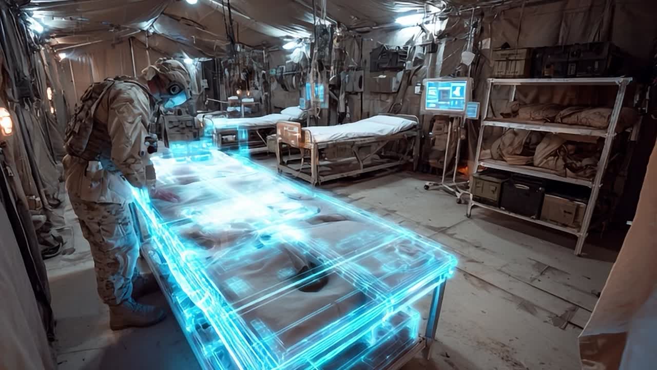 Soldier interacts with advanced medical display in military tent