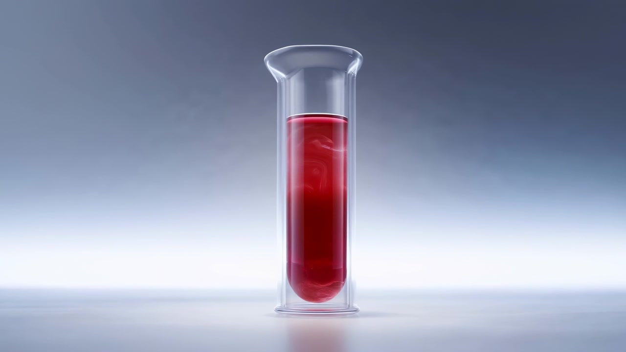 Ett enda transparent provrör av glas fyllt med röd vätska står upprätt på en slät reflekterande yta mot en ren grå gradientbakgrund med mjuk