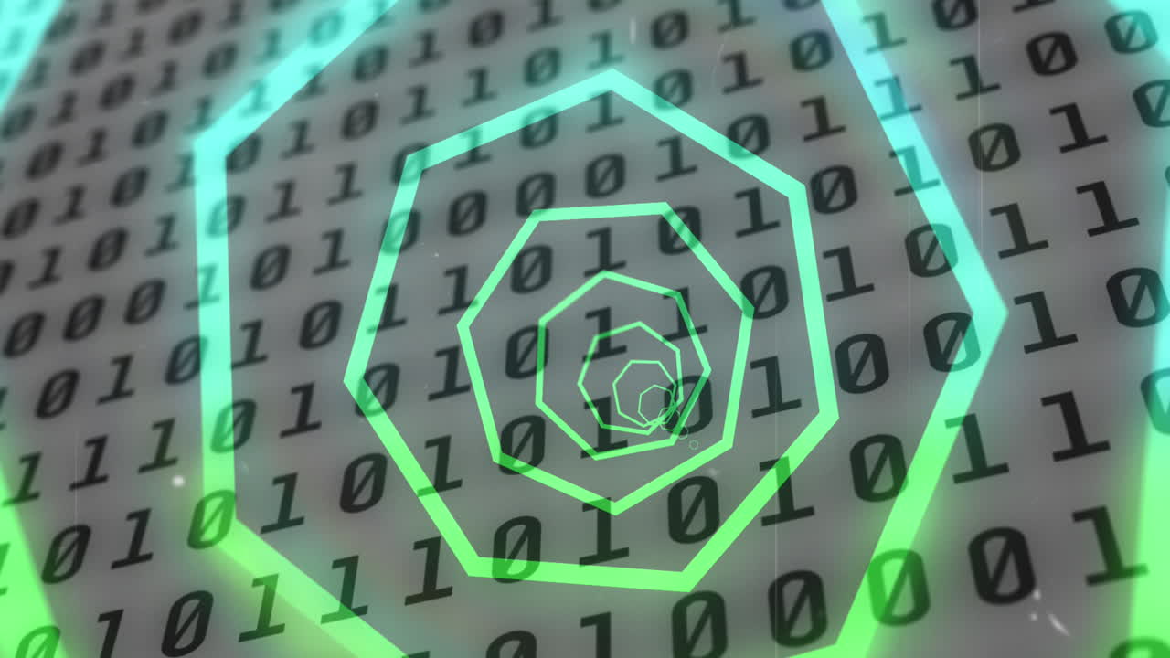 Animation of tunnel with neon shapes over binary coding on white background