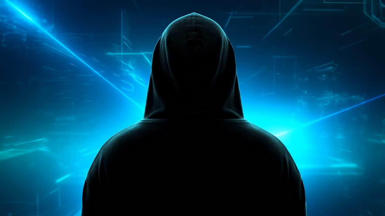 デジタルネットワークの前に立つハッカーのシルエット