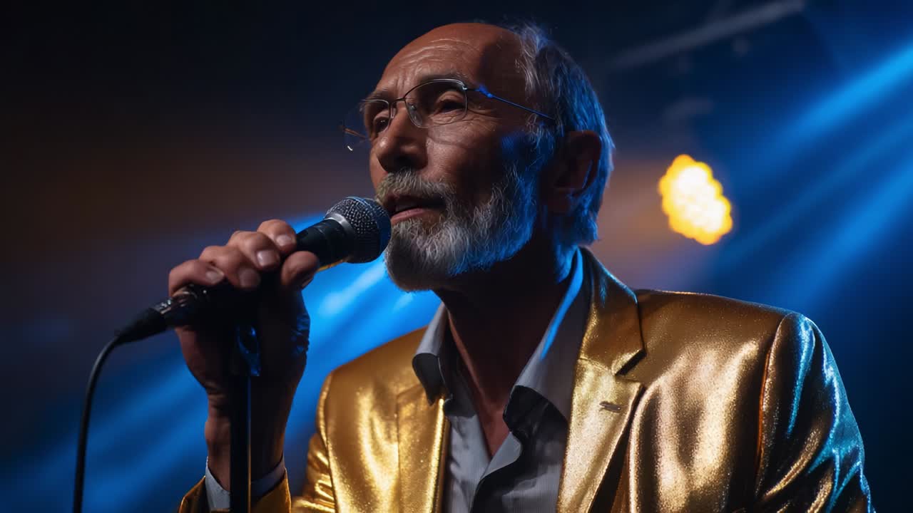 A Passionate Performer Captivating the Audience with His Golden Jacket and Charismatic Voice, Illuminated by Stage Lights, Creating an Electrifying Atmosphere in a Live Music Setting