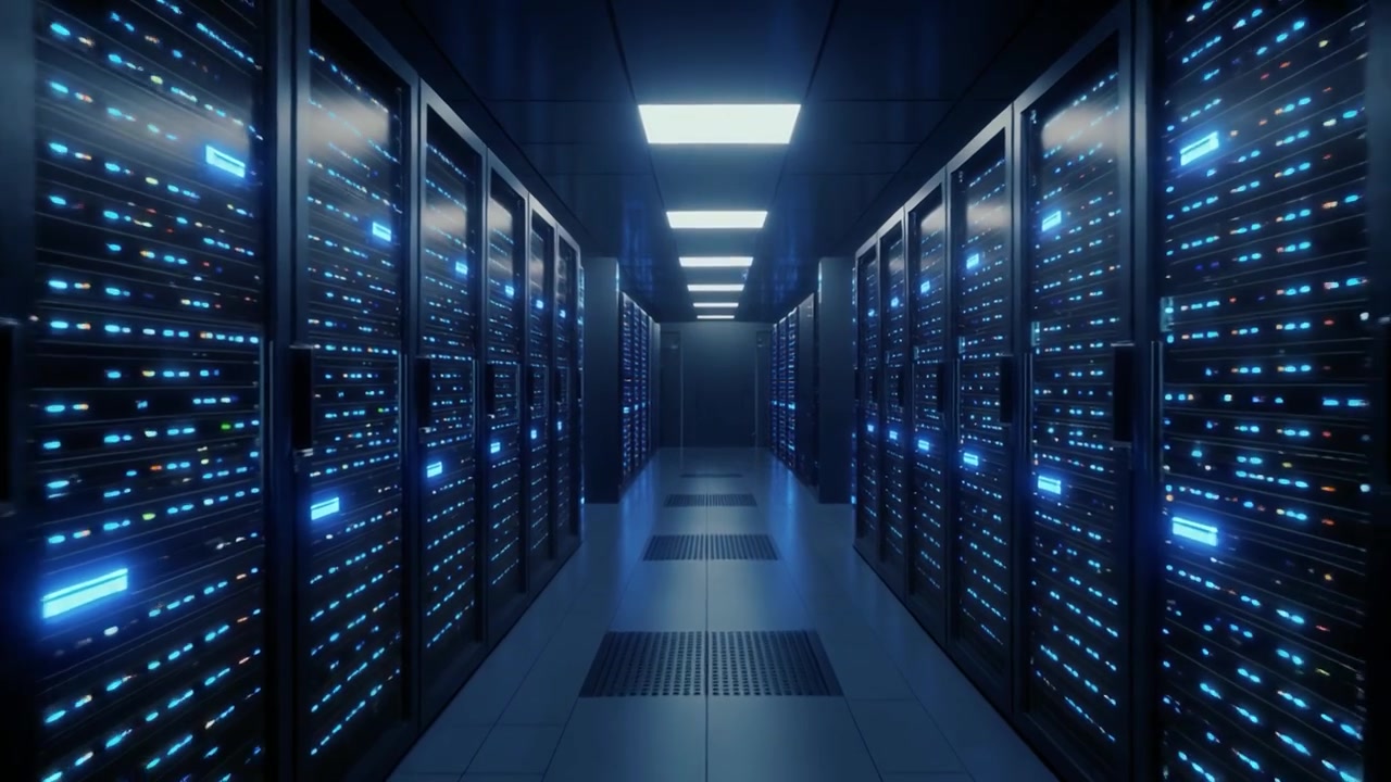 Modern Data Center Server Room with Glowing Blue Lights