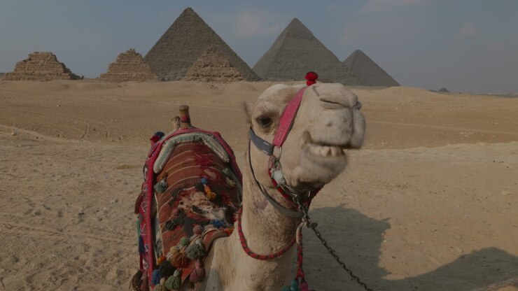 camellos acostados frente a las pirámides de giza al atardecer