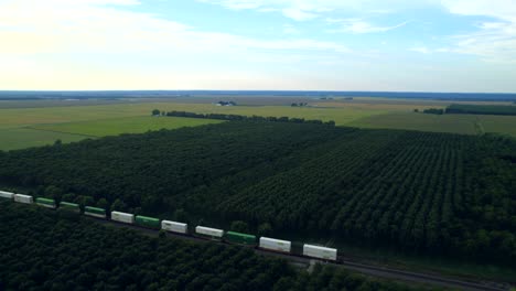 Tren-De-Carga-Cruzando-Bosques-Y-Campos-Verdes-En-El-Campo-De-West-Lafayette,-Seguimiento-Aéreo