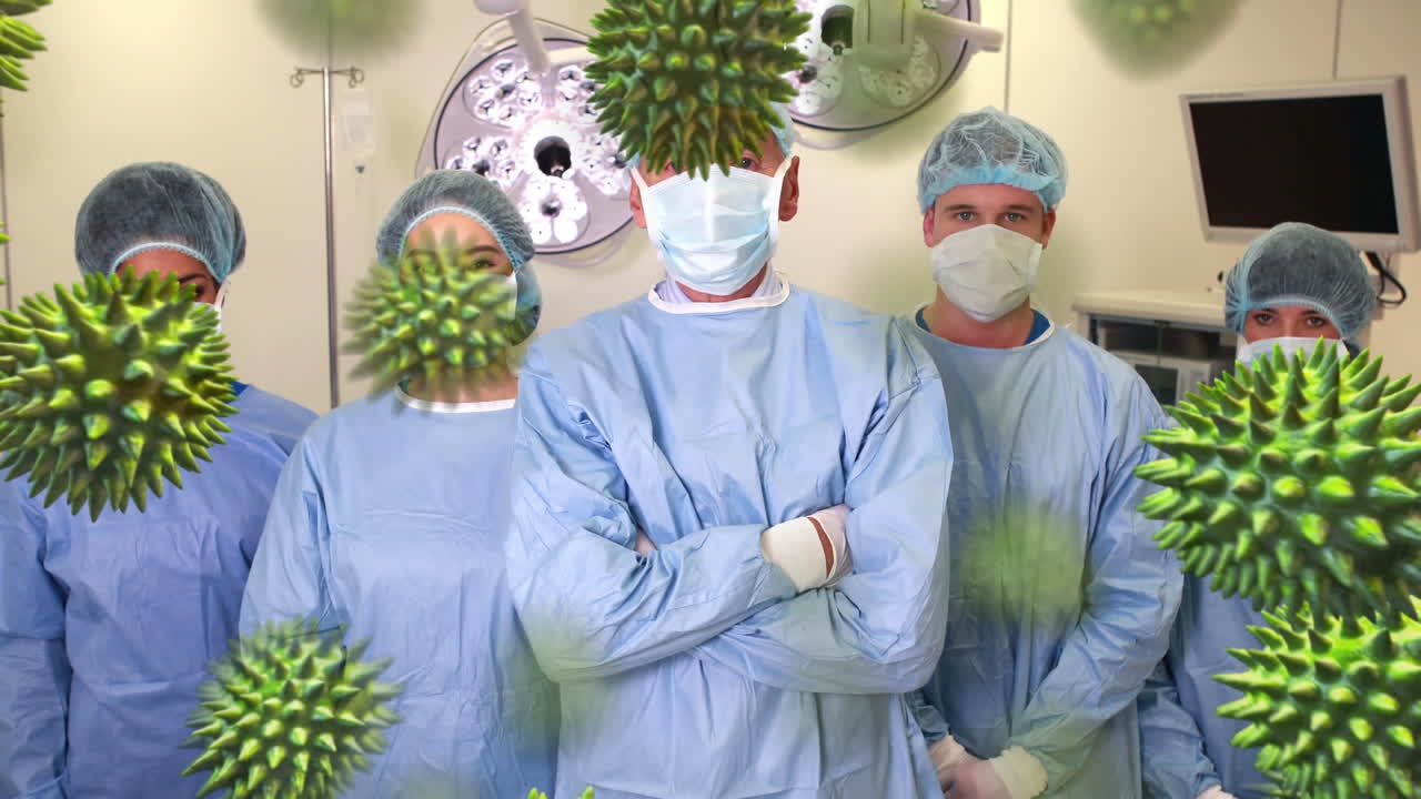 animación de la propagación del coronavirus covid19 con trabajadores de la salud en el fondo