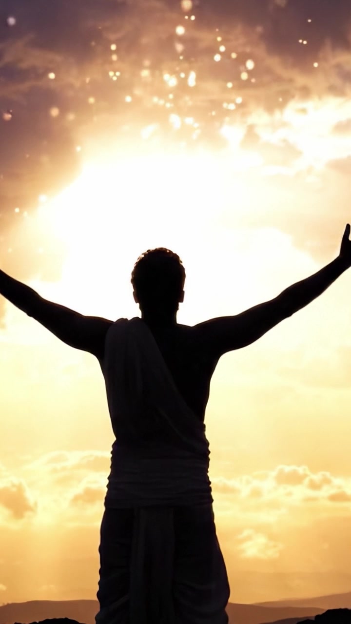 Una figura mistica in silhouette che si protende verso la luce divina del tramonto, evocando un senso di meraviglia e risveglio spirituale contro un cielo drammatico.