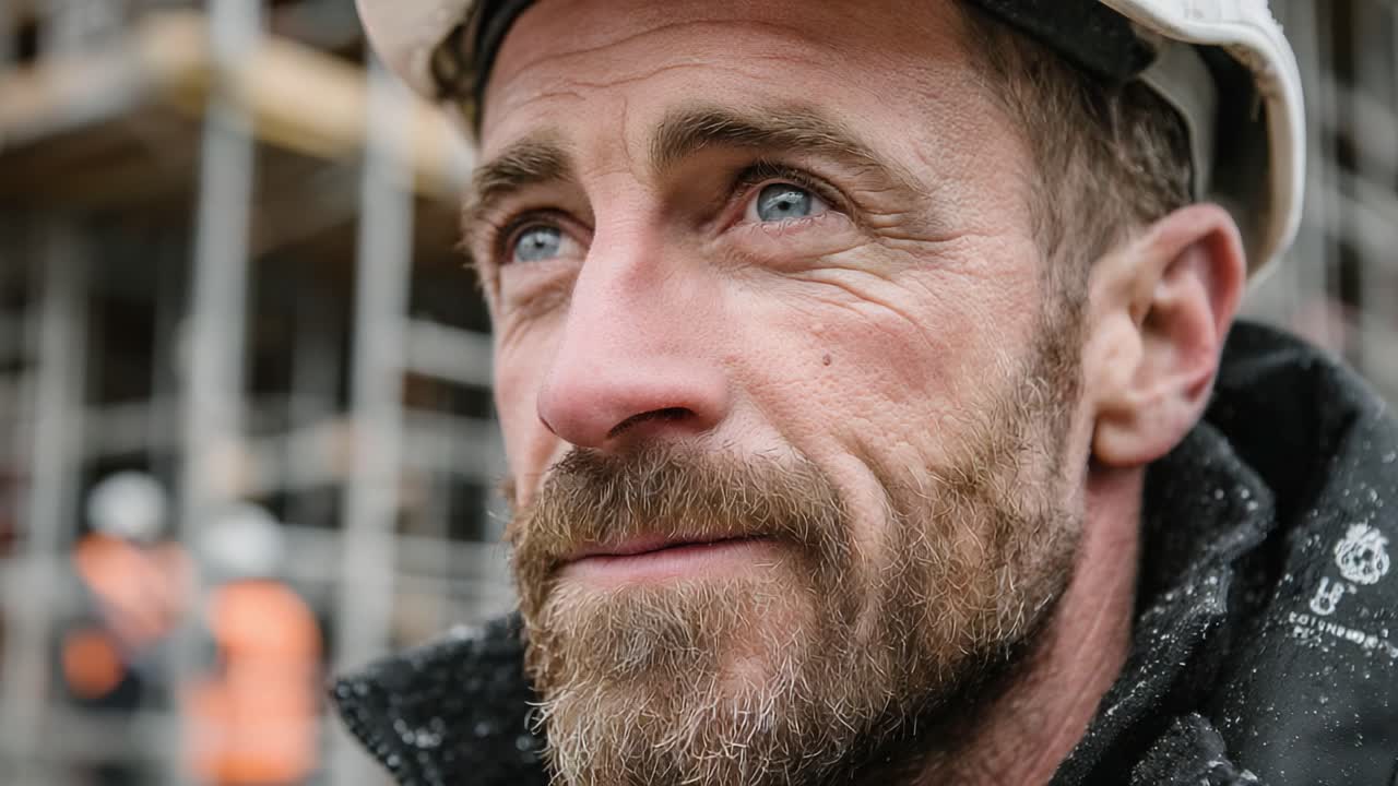 A Close-Up Portrait of a Construction Worker With Intense Focus, Highlighting the Strength and Resilience Found Within the Building Industry Amidst Ongoing Projects