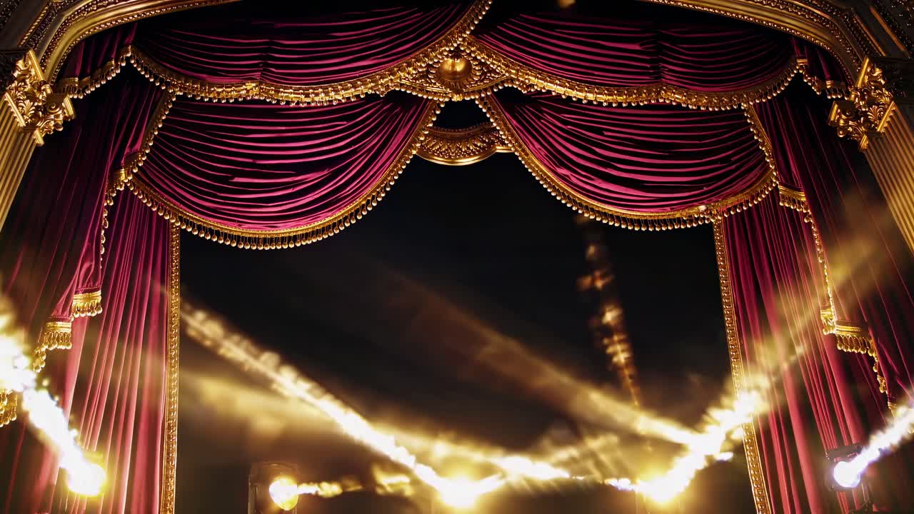 Low-angle shot of a grand theater stage with luxurious red curtains and dramatic lighting