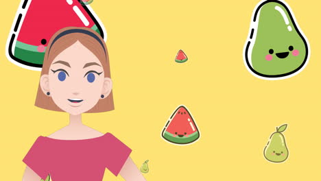 animación de una mujer hablando sobre iconos de frutas