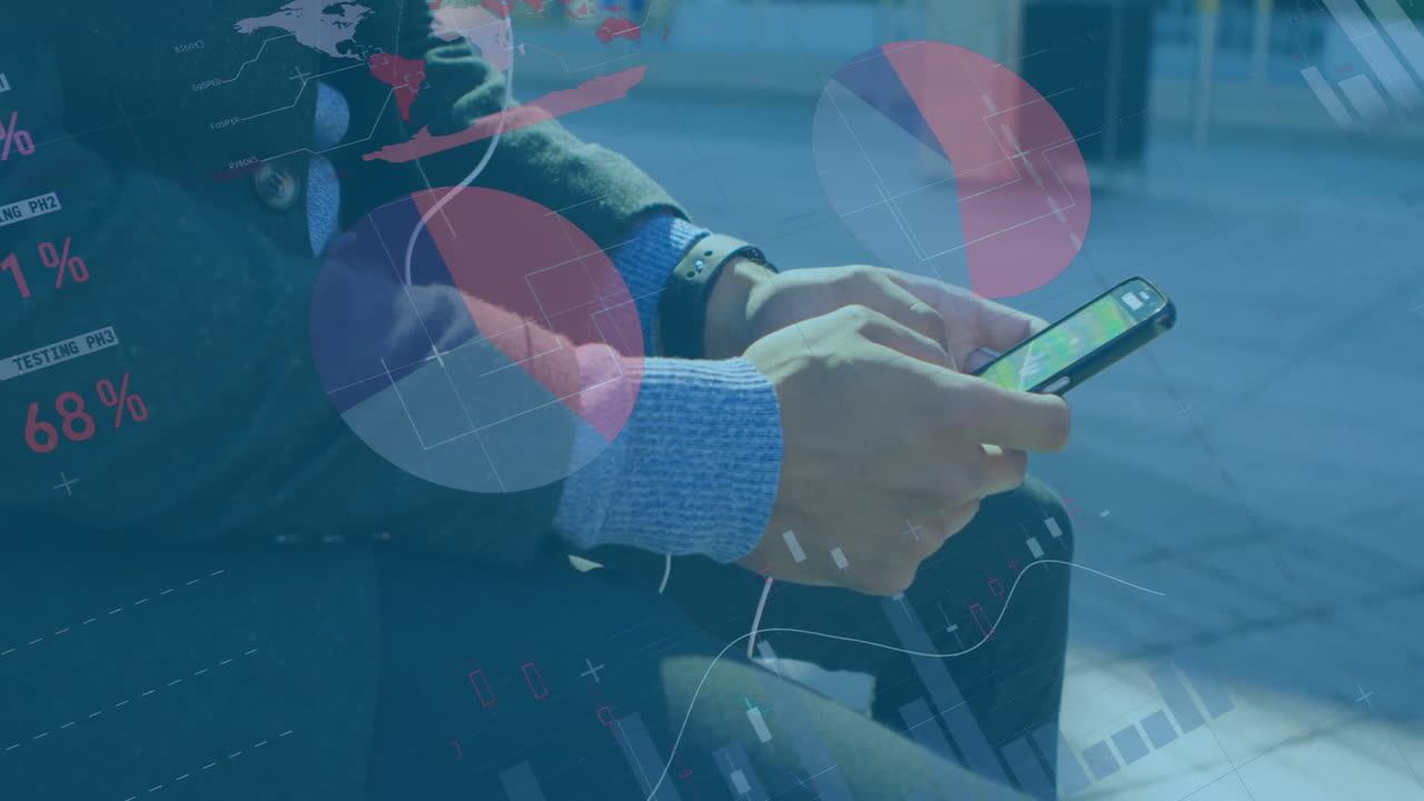 Animation of data processing and diagrams over biracial man using smartphone in city