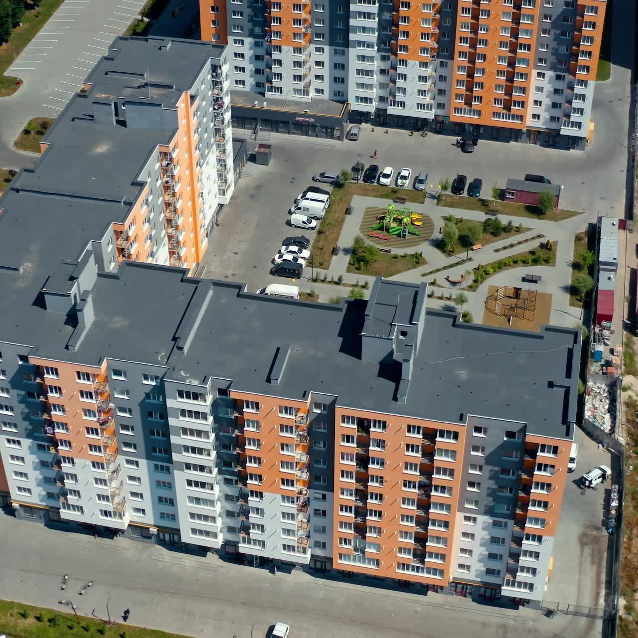Contemporary new modern town houses building. Residential new cityscape houses. Aerial view architecture
