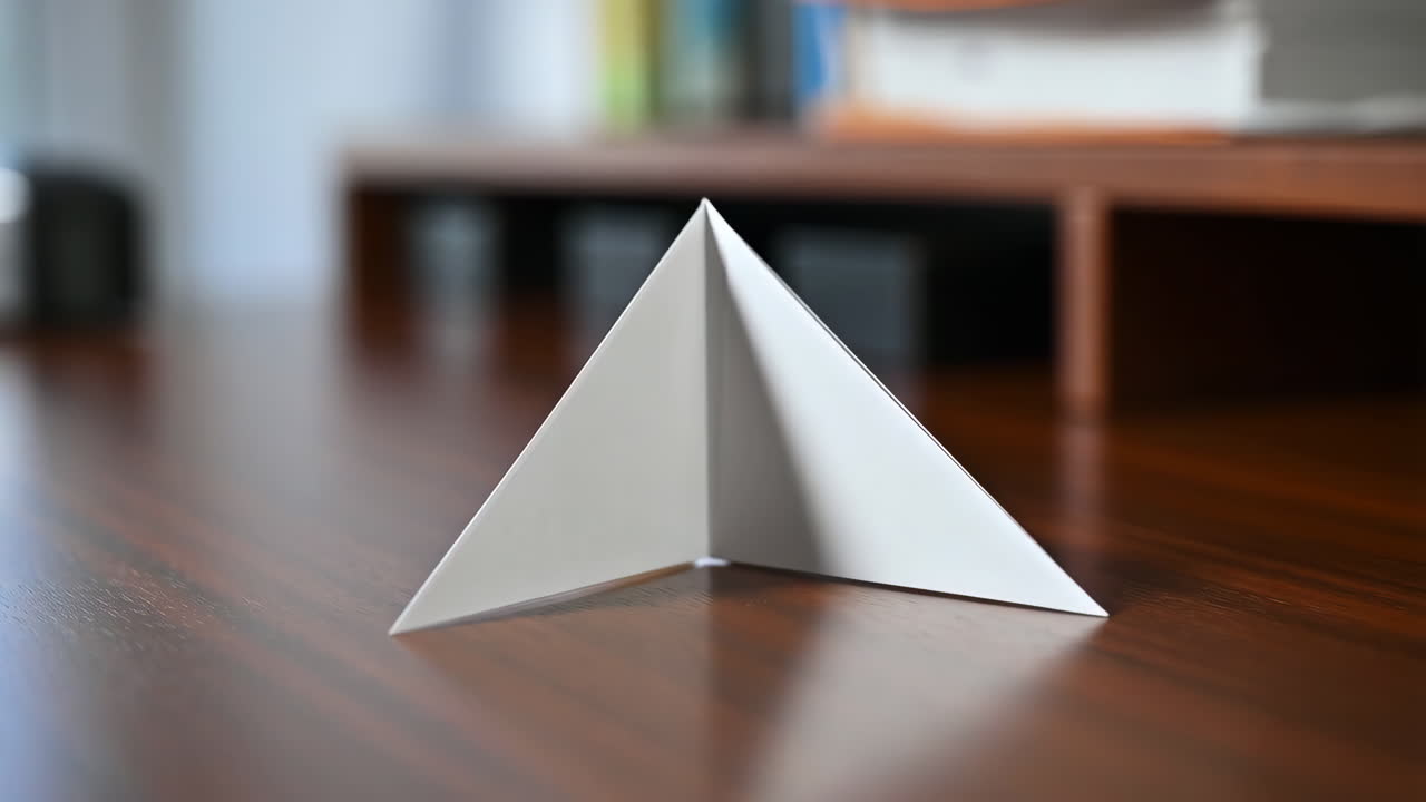 A white paper object, possibly an origami bookmark or a folded paper airplane, resting on a polished wooden desk