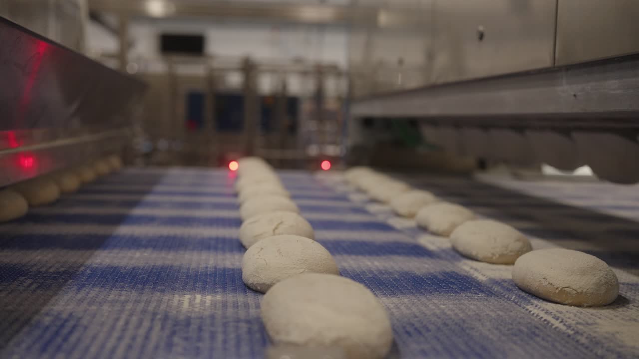 Bread dough pieces moving on conveyor belt in industrial bakery