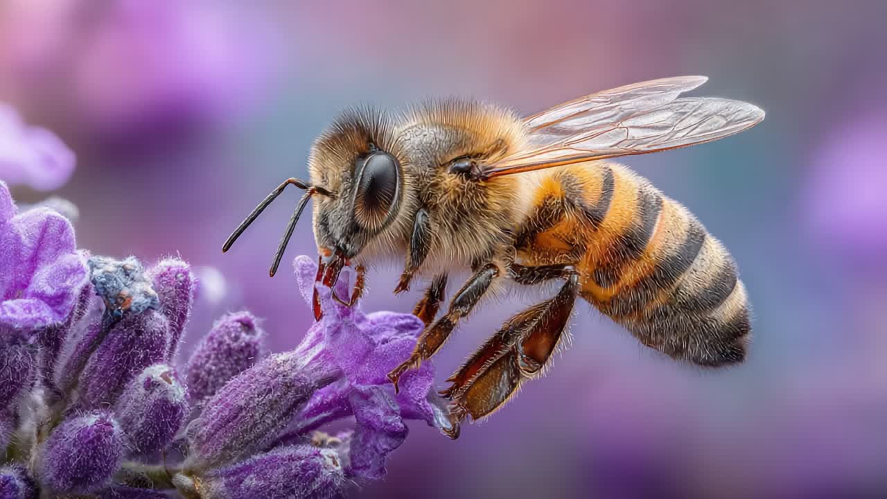 Close-Up of a Honeybee Collecting Nectar from Vibrant Lavender Flowers, Showcasing Nature's Intricate Beauty and the Vital Role of Pollinators in Ecosystems
