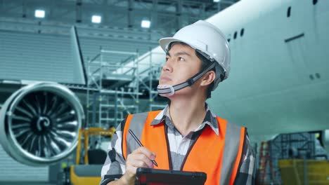 primer plano de un ingeniero masculino asiático con casco de seguridad de pie con el avión en el hangar. tomando nota en la tableta y mirando a su alrededor mientras el mantenimiento del avión