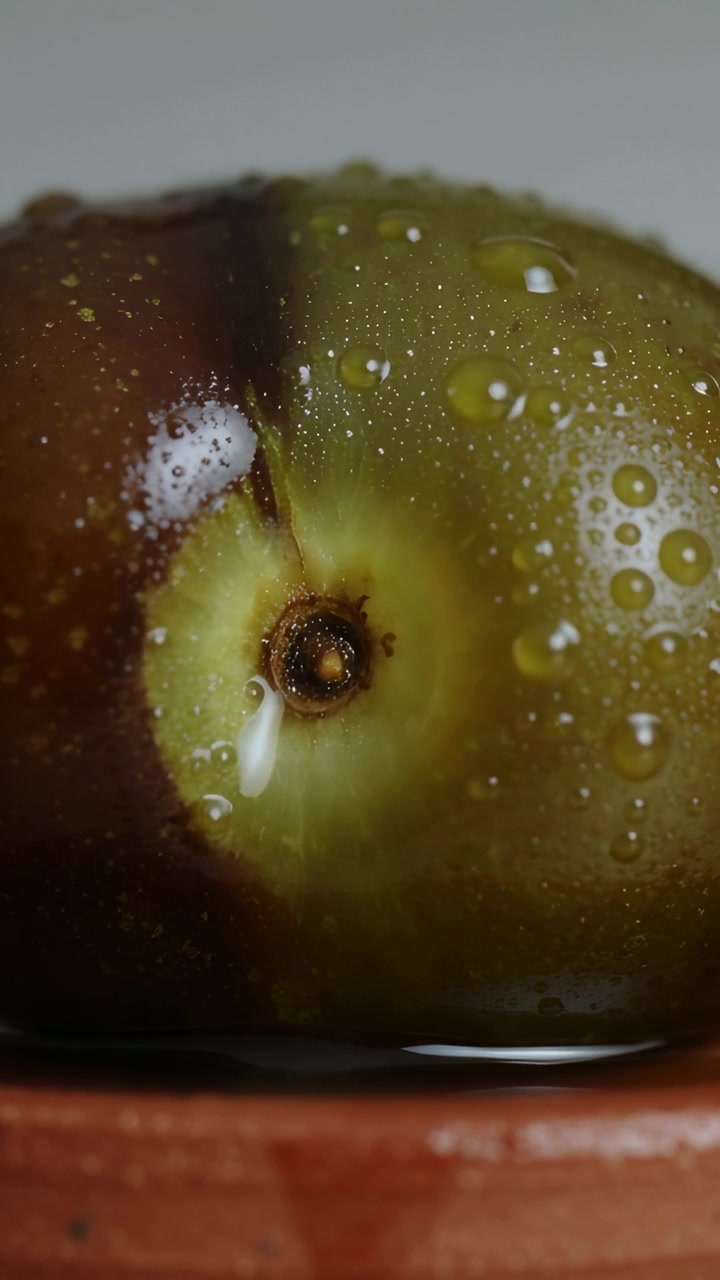 Video verticale: sciroppo versato su frutta rotonda che forma goccioline in un piatto di terracotta, glassando la buccia