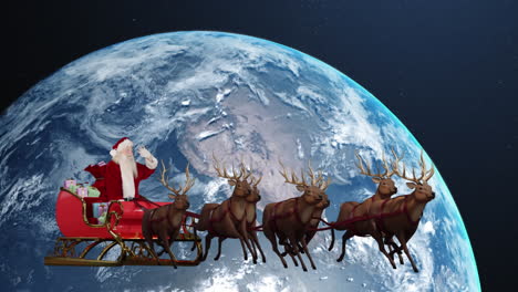 animation of globe and christmas santa claus in sleigh with reindeer