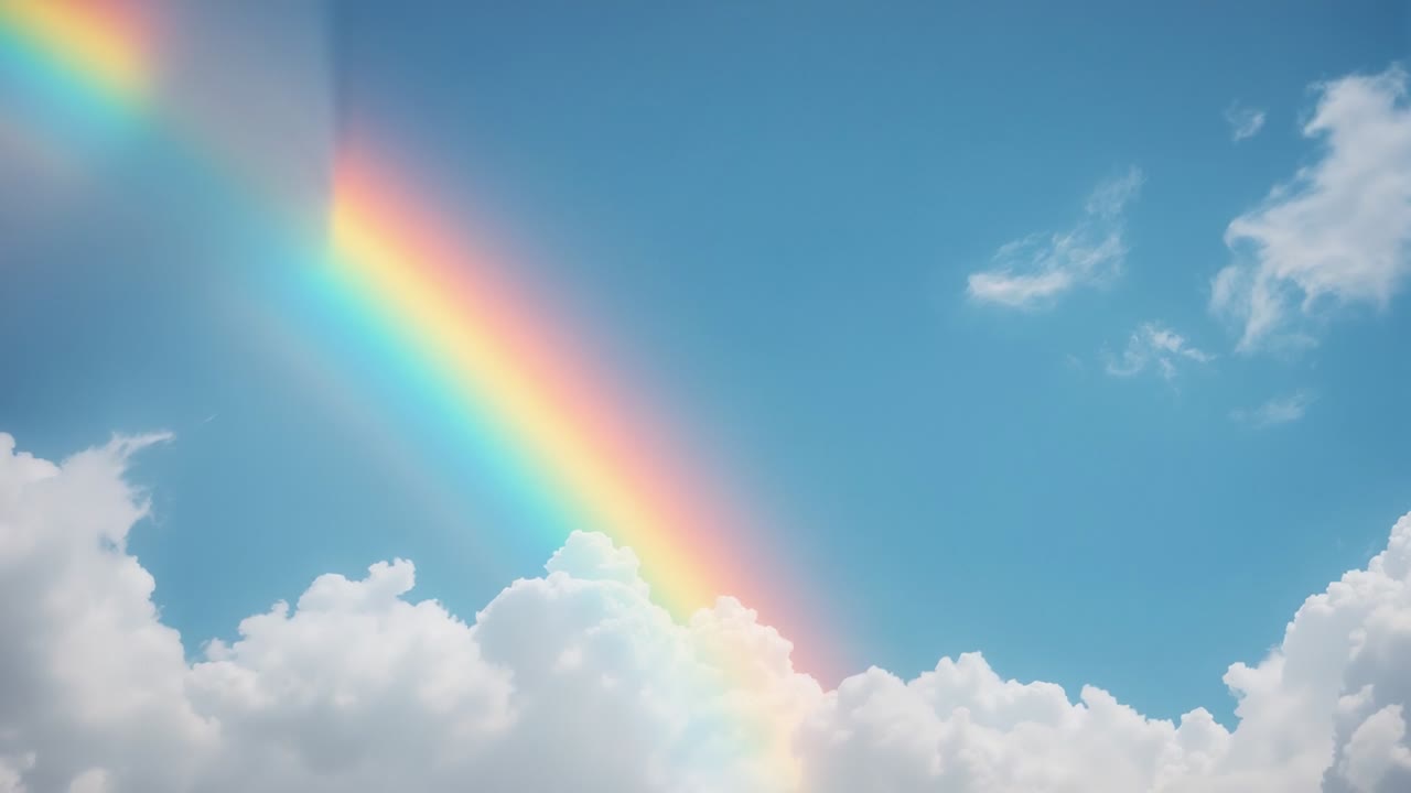 Sunlight lighting cloudbank, rainbow emerging and intensifying as arc in sky above cumulus clouds
