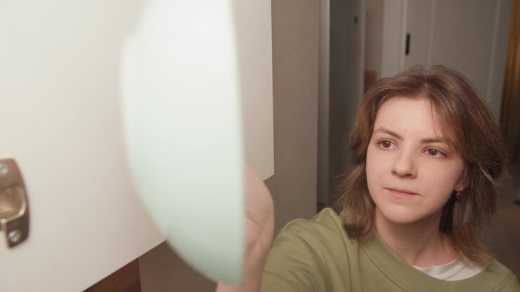 Young woman leans forward and reaches toward white cabinet or mirror, arm extended with calm focused expression, creating subtle sense of interaction inside cozy interior space, with woman, reaching