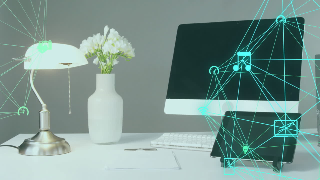 Digital network animation over modern workspace with computer and flowers