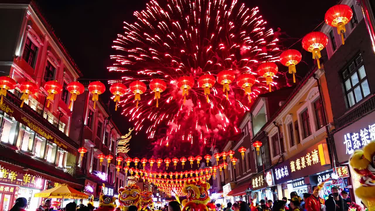 Vibrant street festival with fireworks and lanterns