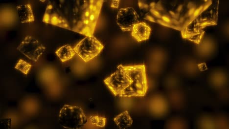 4k abstract 3d render brilla oro partículas de cristal metálico aleatorio animación flotante bucle sin costuras con fondo bokeh borroso. movimiento de fondo moderno para ciencia ficción, tecnología, negocios, bucle vj.