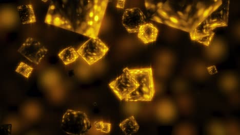 4k abstract 3d render glowing gold metallic crystal particles random floating animation seamless loop with blurred bokeh background. modern background motion for sci-fi, technology, business, vj loop.