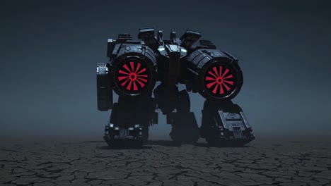 dark futuristic mech on cracked desert terrain.