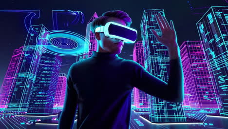 man experiencing virtual reality in a futuristic digital city
