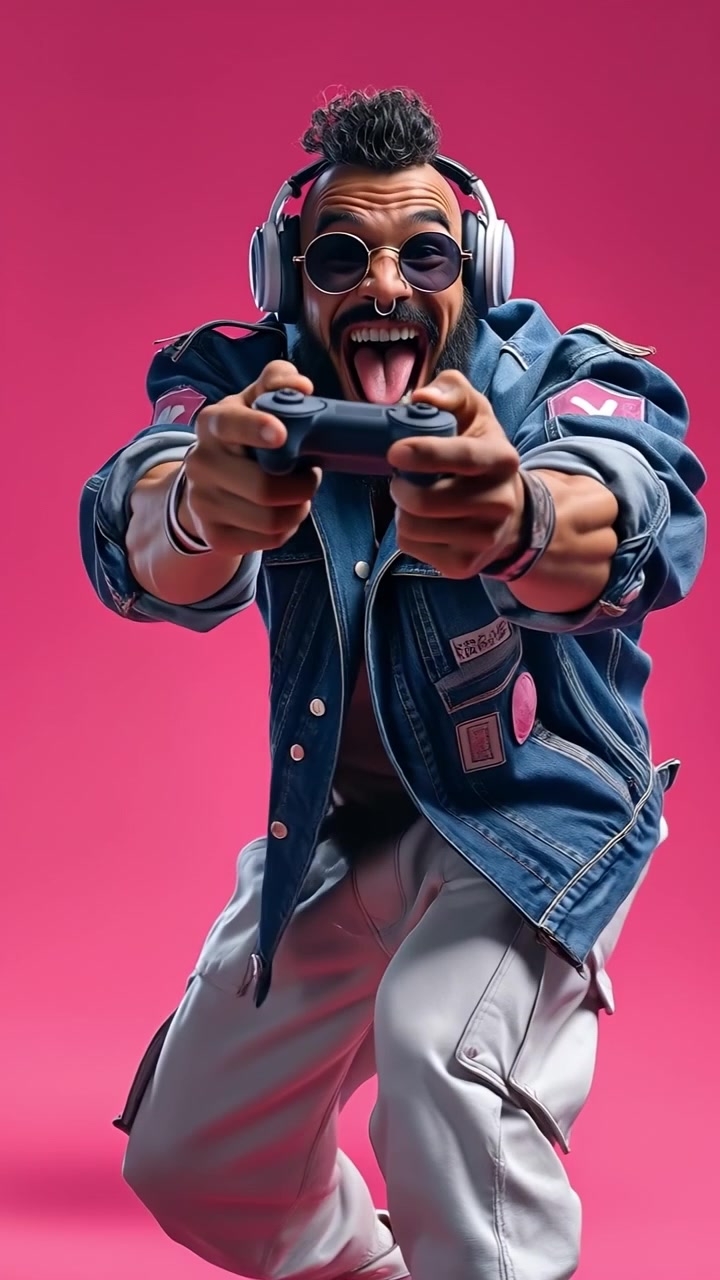 Man in a denim jacket and cargo pants wearing headphones while playing with a video game controller