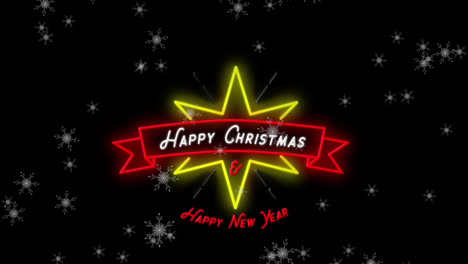 animation of neon with christmas greetings over snow on black background