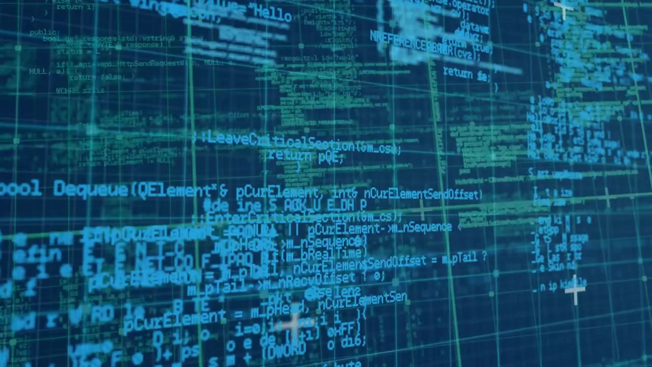 Digital animation of data processing over grid network on blue background