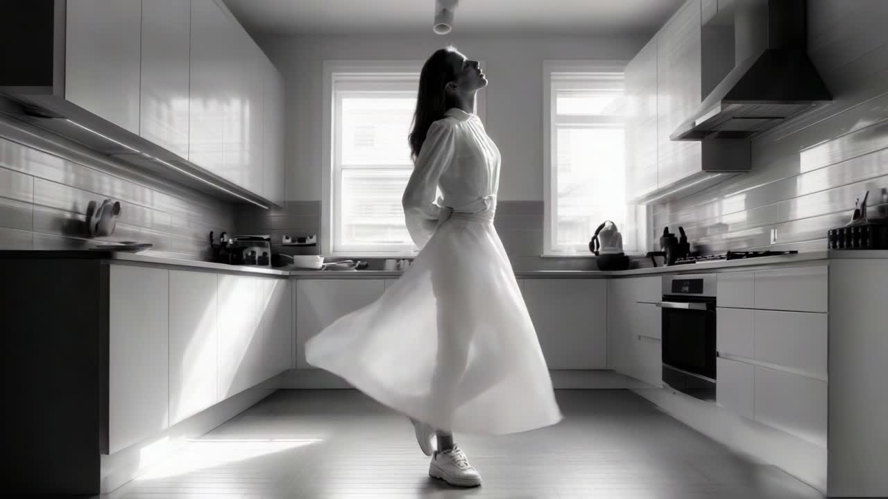 Una danza aggraziata in cucina: cattura l'eleganza e il movimento di una ballerina che volteggia in uno spazio vivace e luminoso, mettendo in mostra fluidità e gioia nel suo movimento