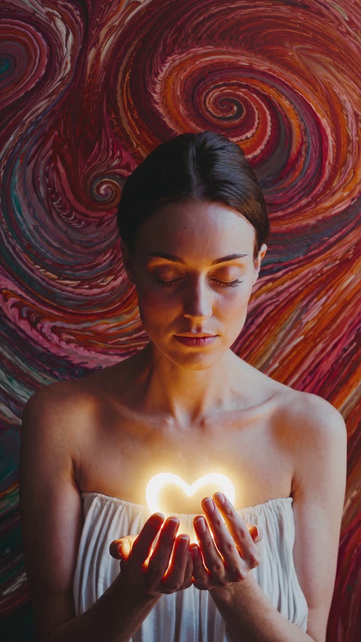 A woman holds a glowing heart-shaped light, standing against a swirling, colorful backdrop