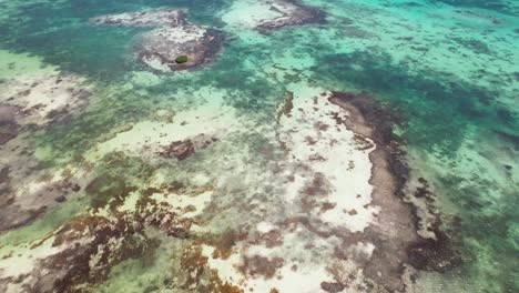 Vista-Aérea-Inclinada-Hacia-Arriba-De-Las-Exuberantes-Aguas-Verdes-Y-Los-Arrecifes-De-Coral-En-Los-Roques