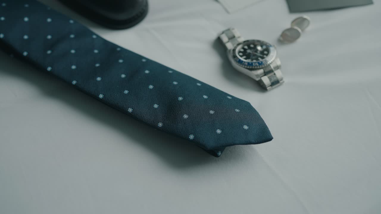 Close up of blue patterned tie and silver wristwatch on white fabric