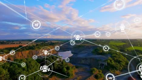Animation of networks of connections with icons over landscape