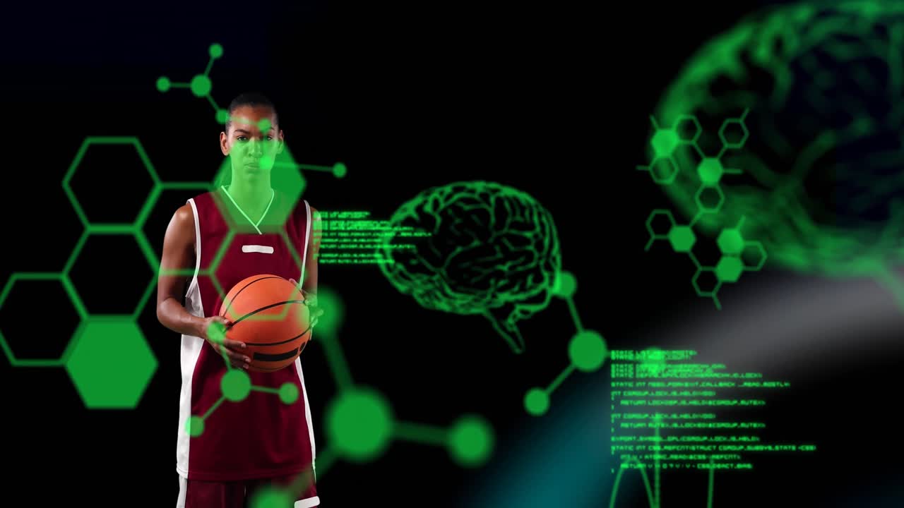 animación de cerebros digitales y procesamiento de datos sobre una jugadora de baloncesto que sostiene la pelota
