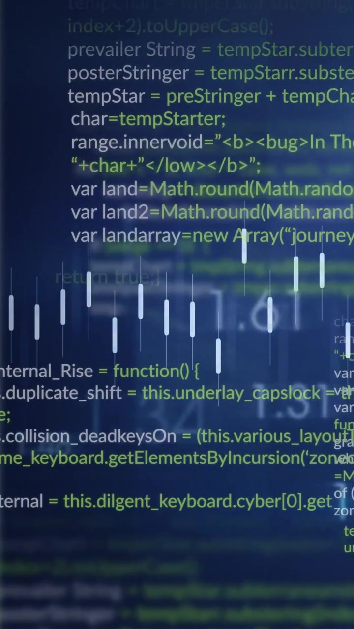 Eingehende Daten speisen Technik, Equalizer-Balken pulsieren mit einer orangefarbenen Linie, die scrollende Code-Nummern nachzeichnet.