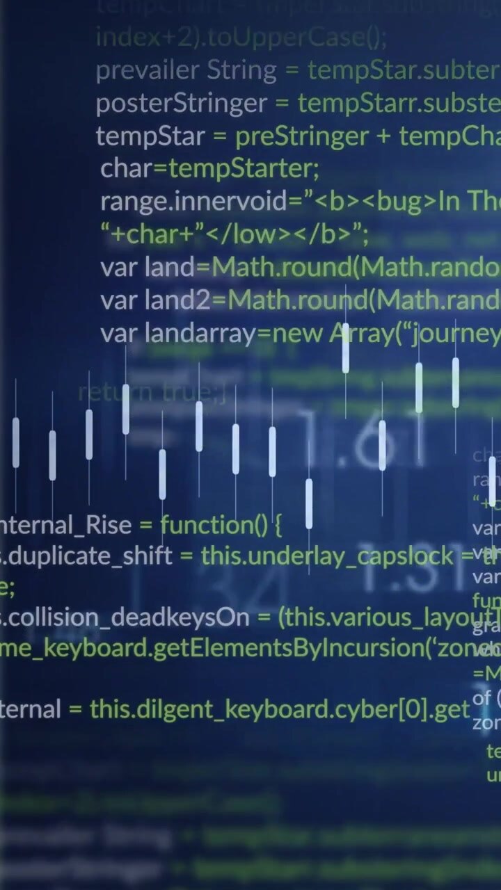 Eingehende Daten speisen Technik, Equalizer-Balken pulsieren mit einer orangefarbenen Linie, die scrollende Code-Nummern nachzeichnet.