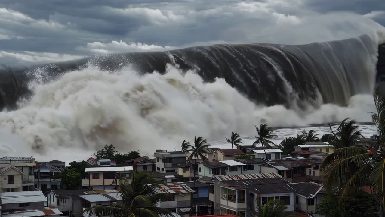 Destructive Tsunami Waves Striking Coastal Village