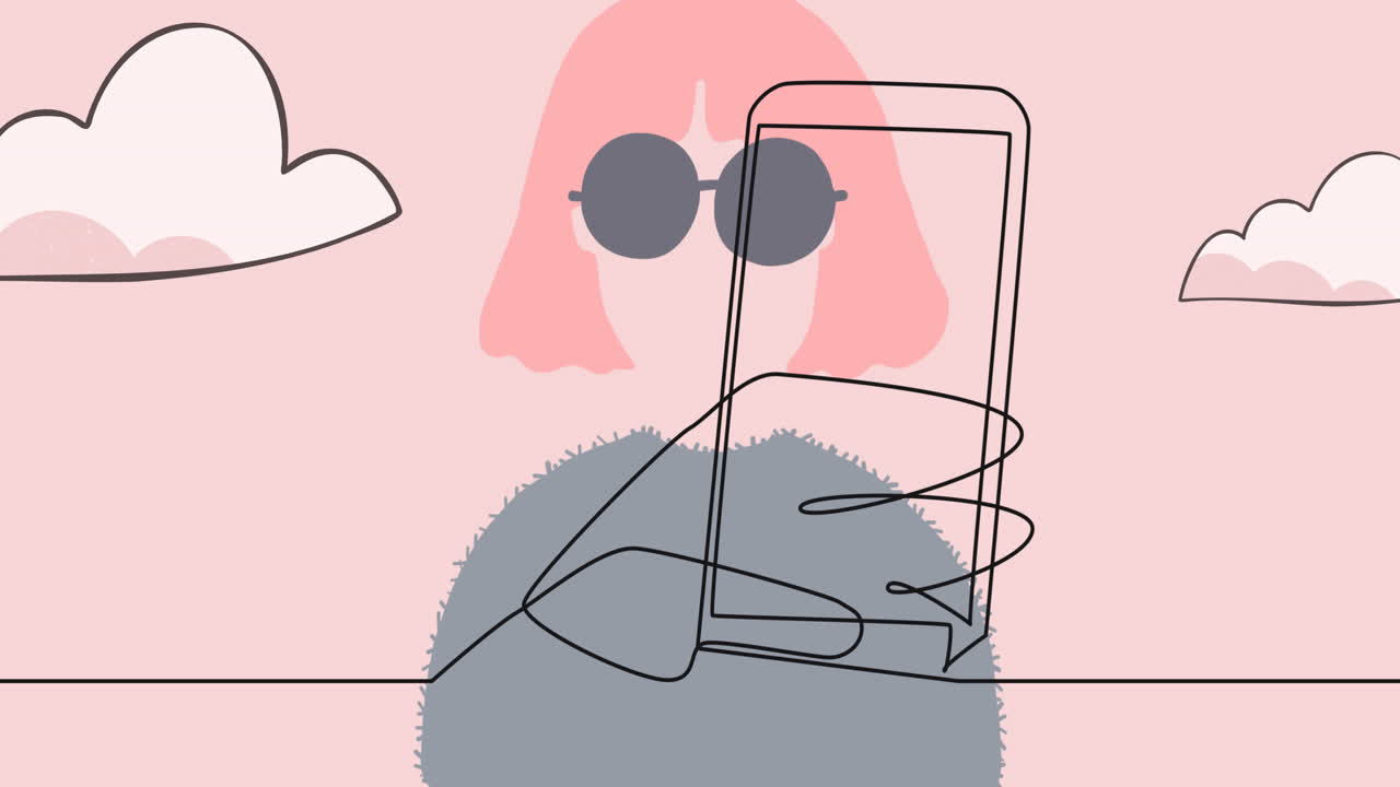 안경과 구름을 가진 여성 위에 스마트폰을 들고 있는 손의 그림의 애니메이션