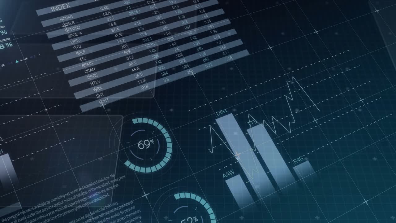 Dashboard opening on dark grid, table and gauge popping up, charts animating, visualizing data