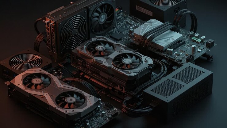 Detaljeret visning af et højtydende computerhardware-setup med flere grafikkort, strømforsyninger og et kompakt motherboard i et æstetisk arrangement