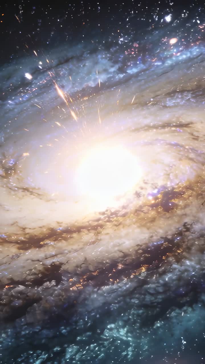 Spiral galaxy core flaring sending streaks along arms while camera moving inward for astronomy demo