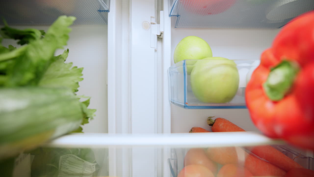 Woman Looking into Refrigerator Filled with Food